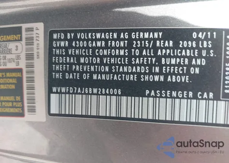 2011 Volkswagen Gti 2-Door из США, поврежденный, VIN WVWFD7AJ6BW284006